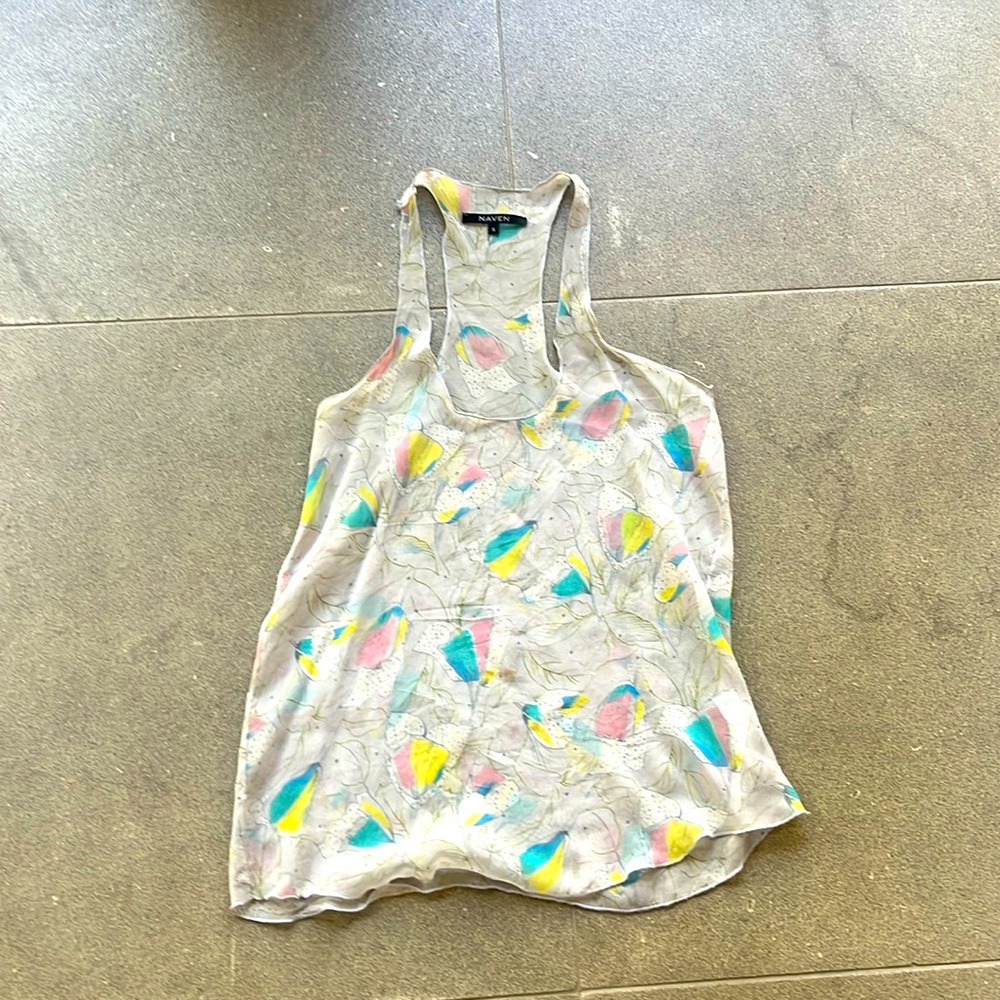 Naven/ gray floral print/ sheer chiffon/ racerback/ sleeveless/ size S